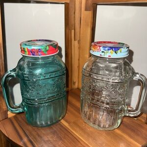 The Pioneer Woman Embossed Glass Mason Mug Duo with Multicolor Floral Lids